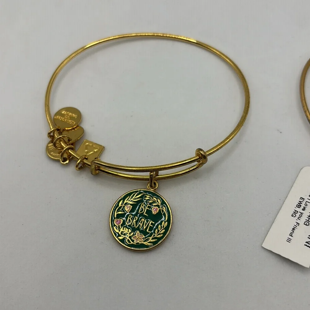 Alex and Ani gold charm bangle bracelet stretch Friend and Be Brave charms